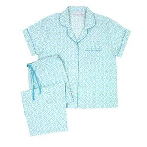 Needham Lane Fairfield Cotton Poplin Short Sleeve Capri Pajama Set Aqua White